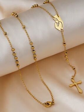 Virgin Religion Necklace Rosary Gold-Tone Beaded Chain with Cross Pendant